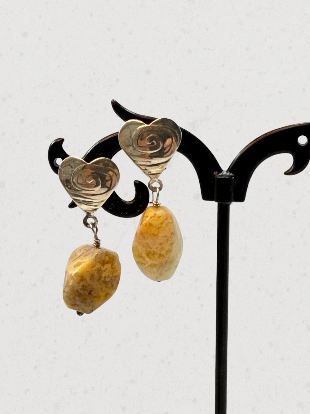 Jay King DTR Sterling Silver 925 Heart Beige Brown Stone Dangle Drop Earrings - Picture 2 of 8
